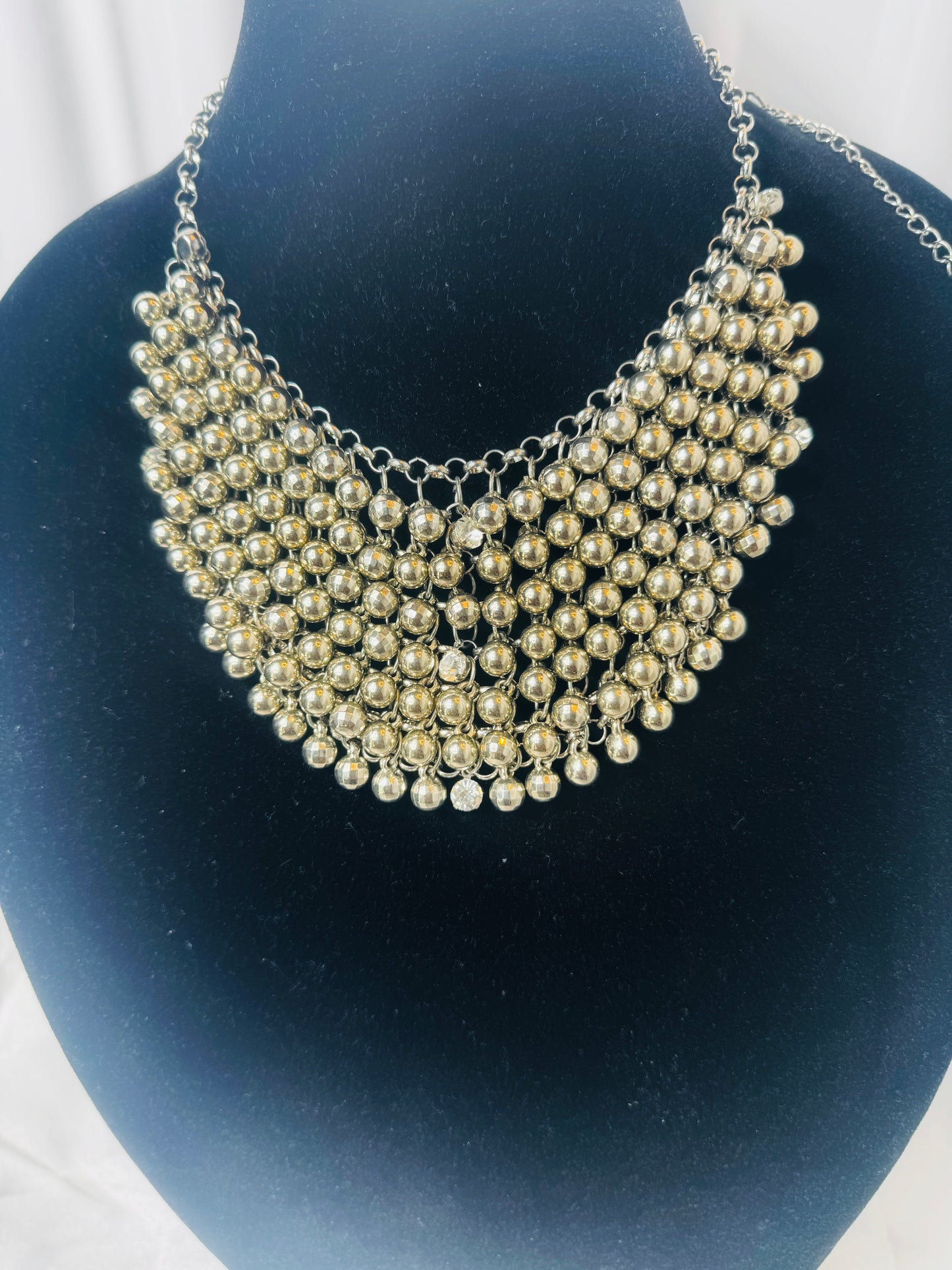 Glistening Silver Beaded Statement Collar Necklace